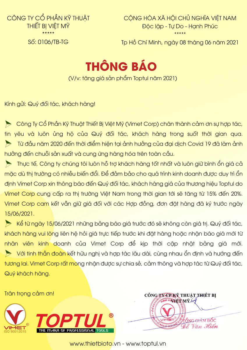 Thông báo tăng giá sản phẩm TOPTUL 2021