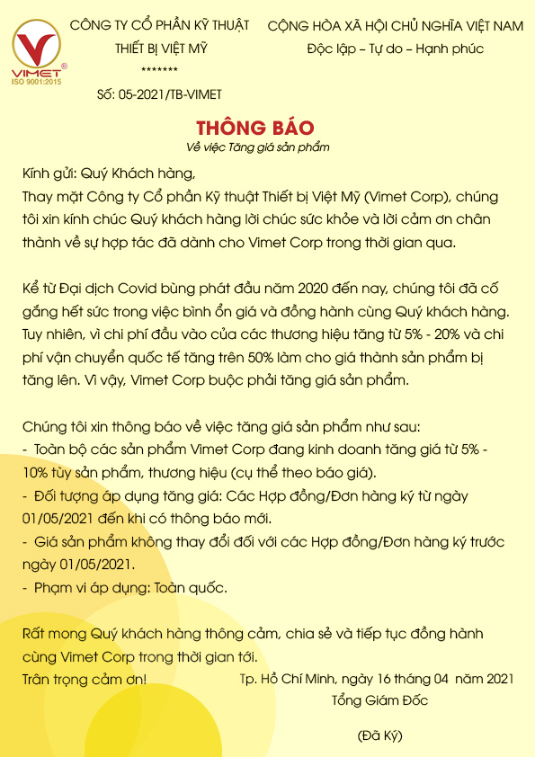 Thông Báo Tăng Giá Toàn Bộ Sản Phẩm VIMET