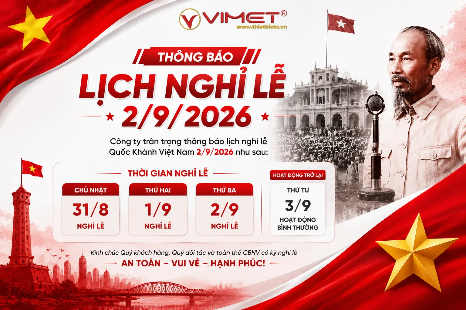 VIMET CORP Thông Báo Lịch Nghỉ Lễ Quốc Khánh 2/9/2026