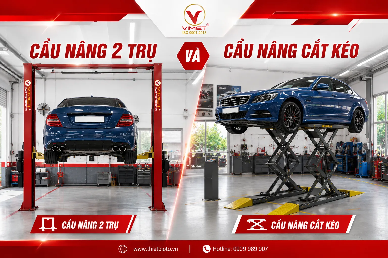 cầu nâng 2 trụ hay cầu nâng cắt kéo